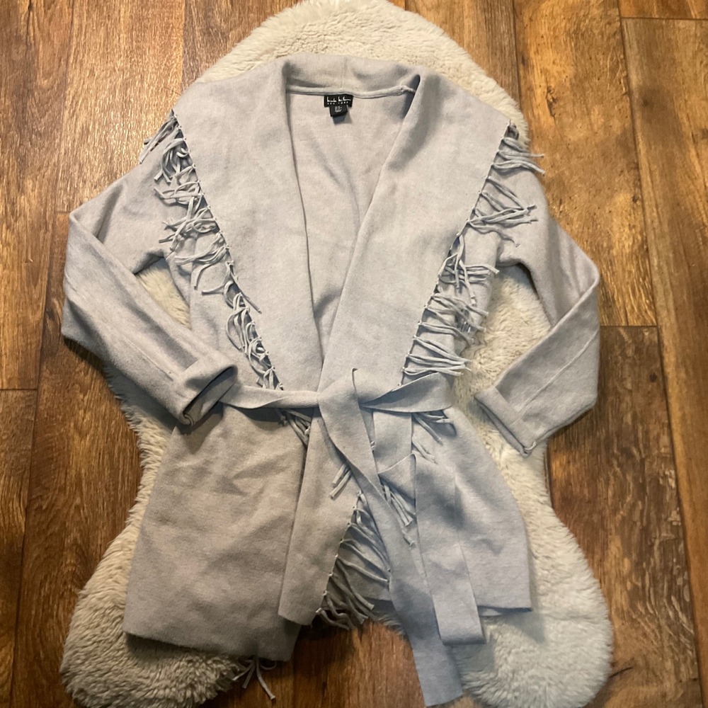 Nicole Miller Fringe Tie Waist Sweater Cardigan Size Medium Knit Cozy Light Gray